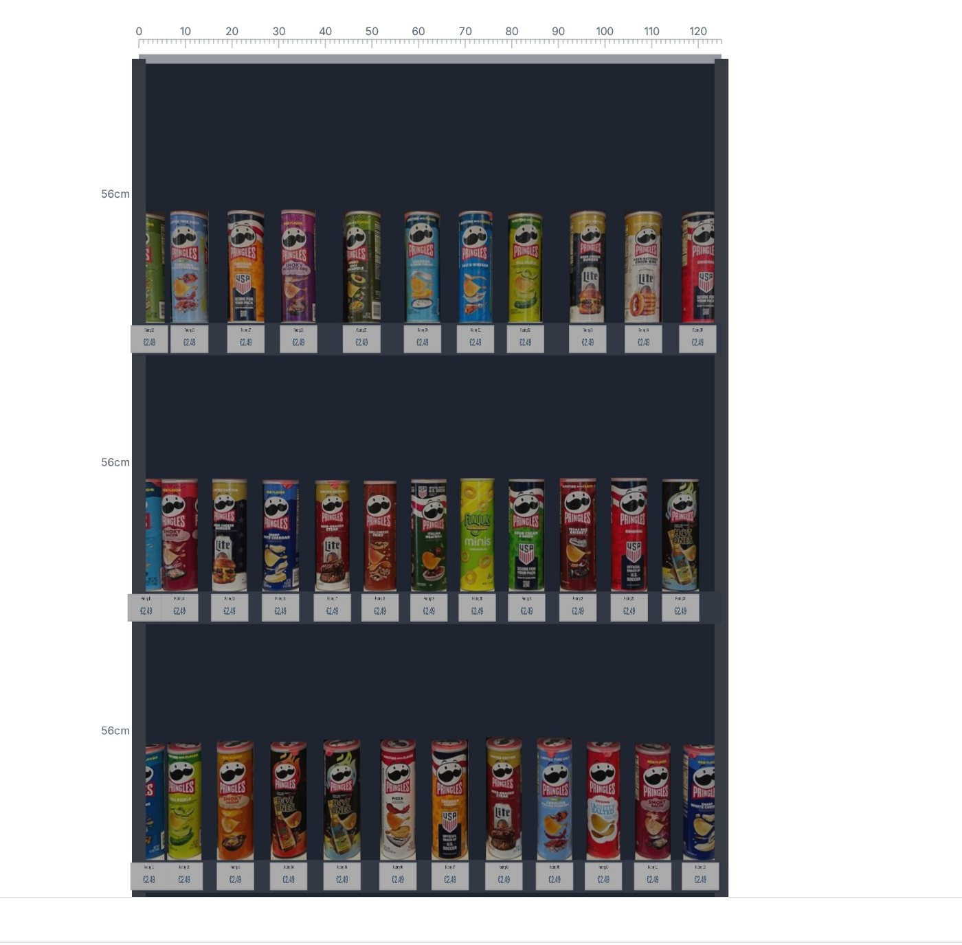 Shelf builder showing the rebuilt fixture with products and price tags on a centimetre ruler
